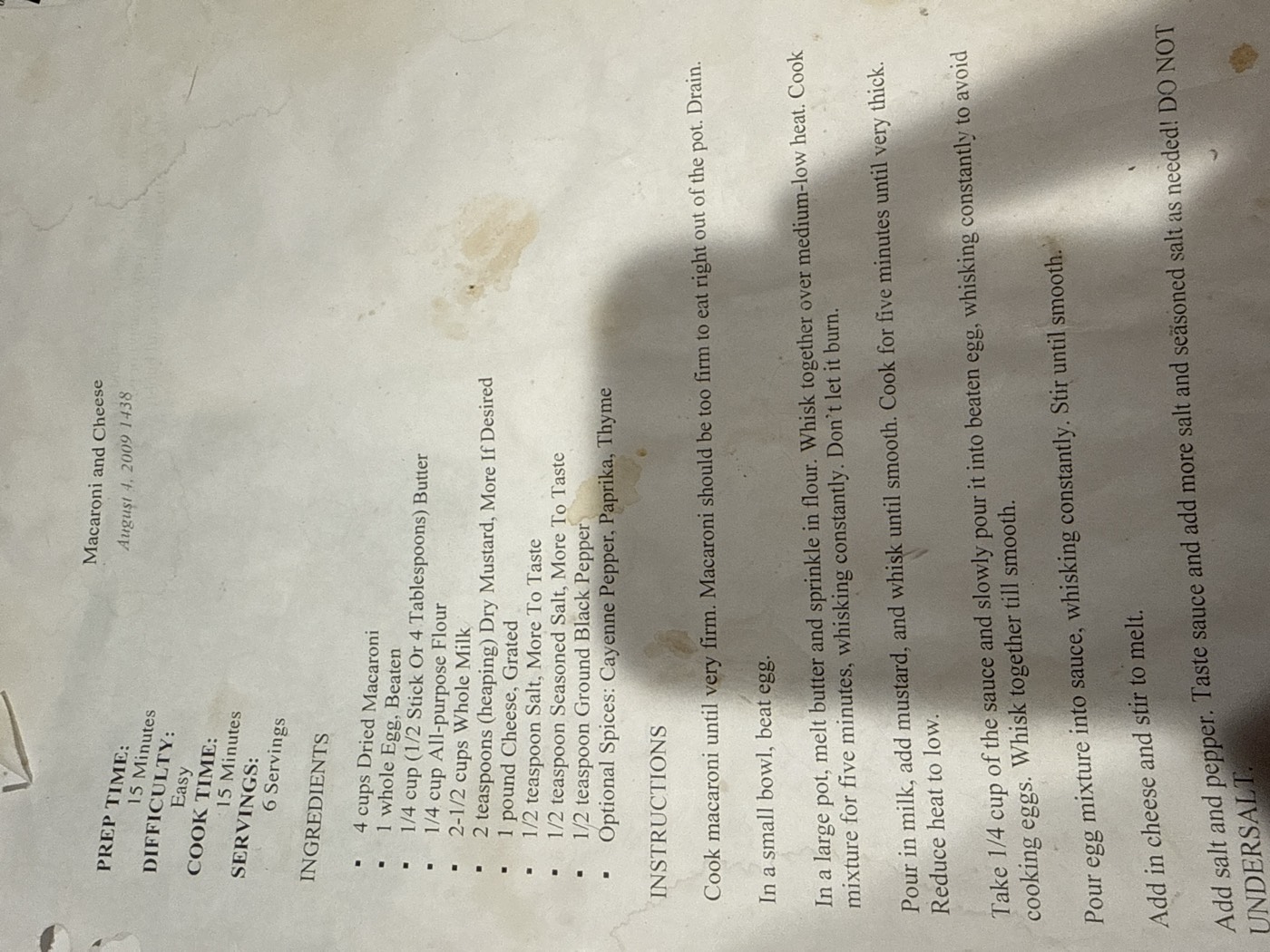 The original recipe card for Macaroni and Cheese, dated August 4, 2009